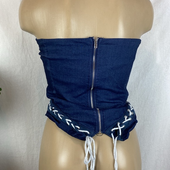 Love Highlight Blue Denim Tie Lace Up Sleeveless Strapless Corset Crop Top XL - Picture 3 of 7